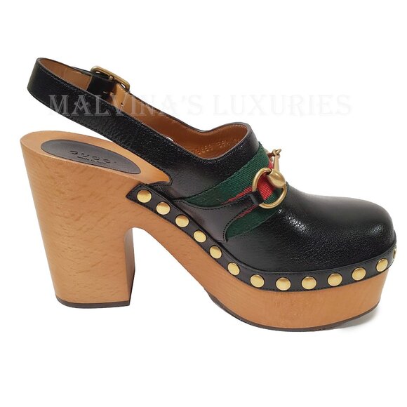 GUCCI SHOES HORSEBIT WEB BLACK LEATHER PLATFORM CLOGS w STUDS sz 39.5 9.5 - Picture 8 of 15
